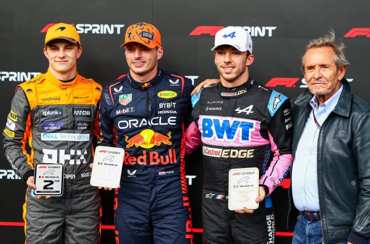Oscar Piastri on the F1 Sprint podium, Belgian Grand Prix 2023.
