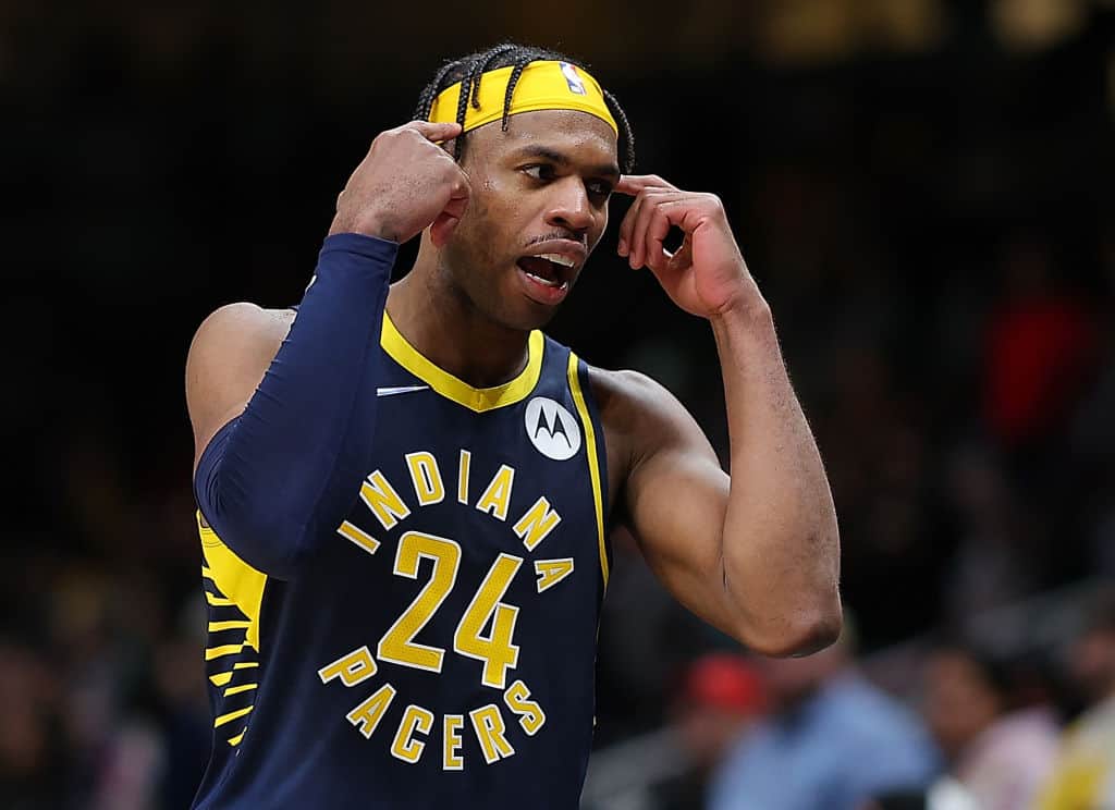 Buddy Hield #24 of the Indiana Pacers reacts in the final seconds against the Atlanta Hawks during the second half at State Farm Arena on March 13, 2022 in Atlanta, Georgia