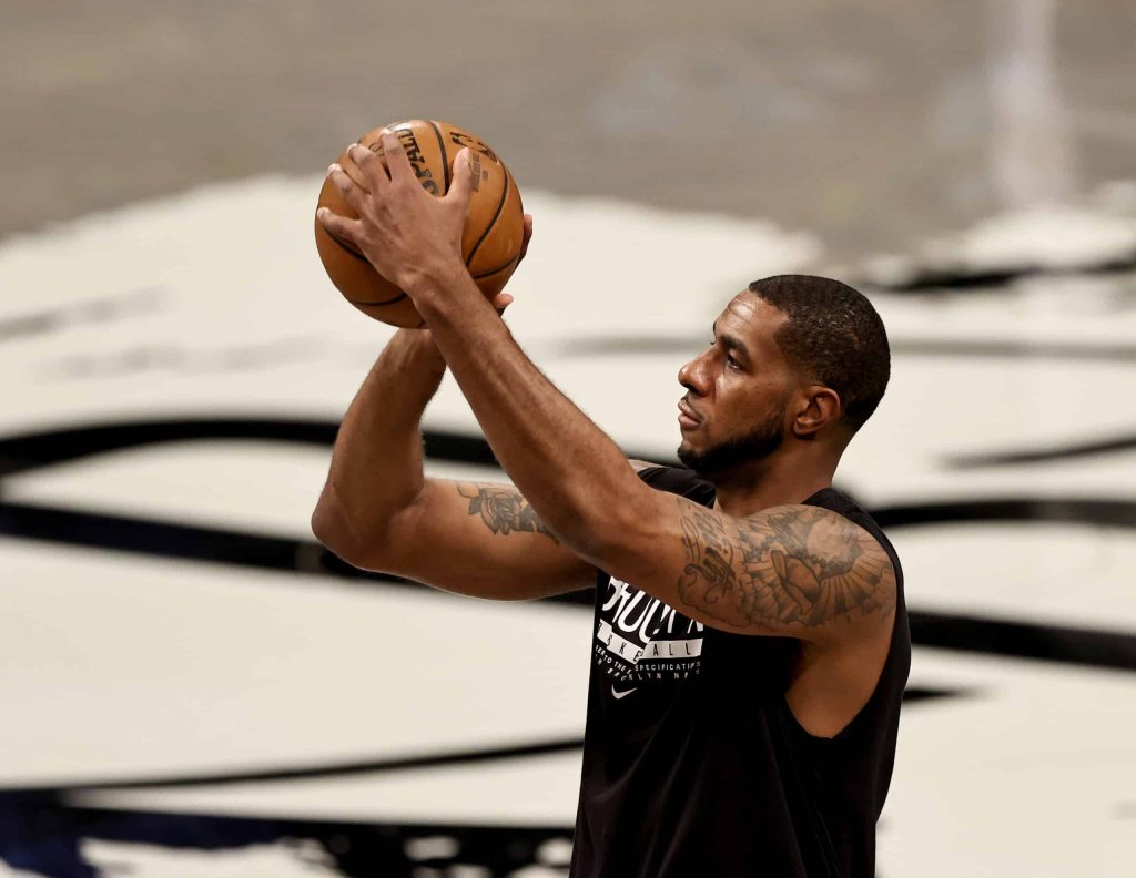 LaMarcus Aldridge #21 of the Brooklyn Nets warms up before the game against the Los Angeles Lakers at Barclays Center on April 10, 2021 in the Brooklyn borough of New York City.NOTE TO USER: User expressly acknowledges and agrees that, by downloading and or using this photograph, User is consenting to the terms and conditions of the Getty Images License Agreement.