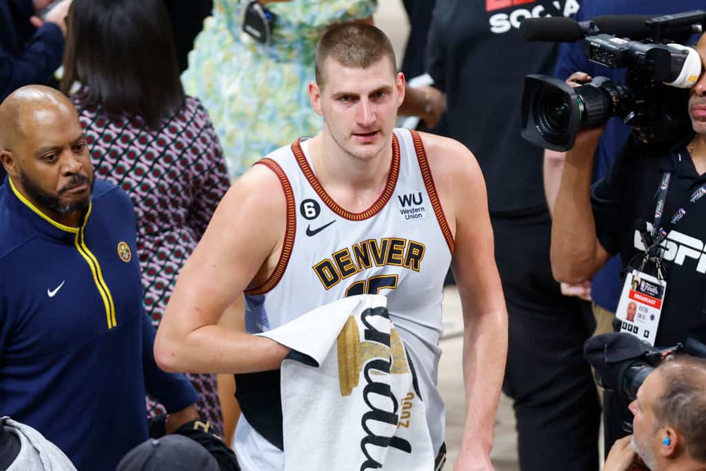 Nikola Jokic #15 of the Denver Nuggets celebrates after a 94-89 victory against the Miami Heat in Game Five of the 2023 NBA Finals to win the NBA Championship at Ball Arena on June 12, 2023 in Denver, Colorado.