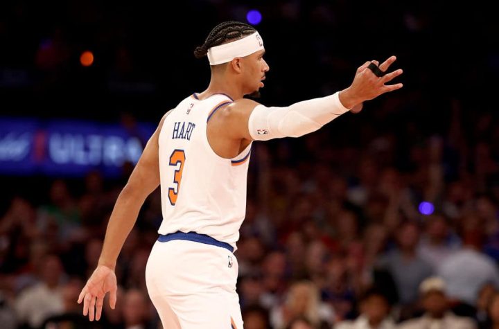 Josh Hart #3 of the New York Knicks celebrates his three point shot in the first quarter against the Boston Celtics at Madison Square Garden on October 25, 2023 in New York City.