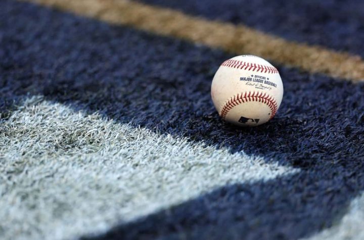 A detail view of a baseball before Game Four of the World Series between the Texas Rangers and the Arizona Diamondbacks at Chase Field on October 31, 2023 in Phoenix, Arizona.