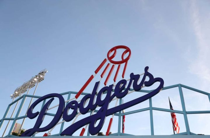 General view of a Los Angeles Dodgers sign at Dodger Stadium on December 14, 2023 in Los Angeles, California.