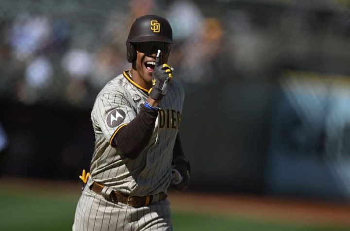 Juan Soto #22 of the San Diego Padres celebrates after hitting a grand slam against the Oakland Athletics in the eighth inning at RingCentral Coliseum on September 17, 2023 in Oakland, California.